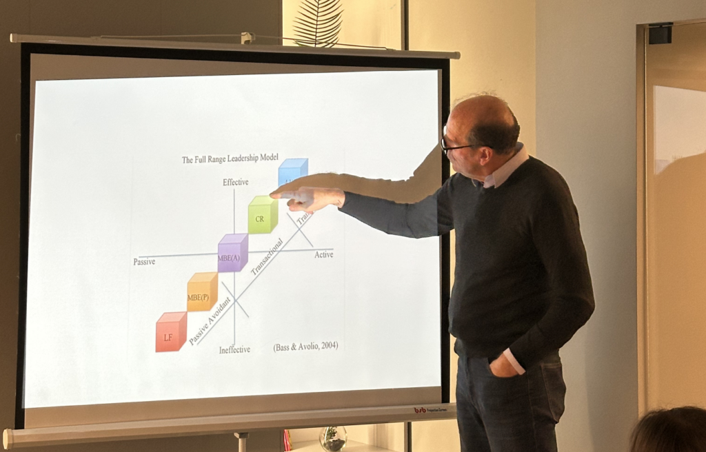 Dr. Ahmet Shala giving a speech for AnchorzUp, pointing at a slide on The full range leadership model